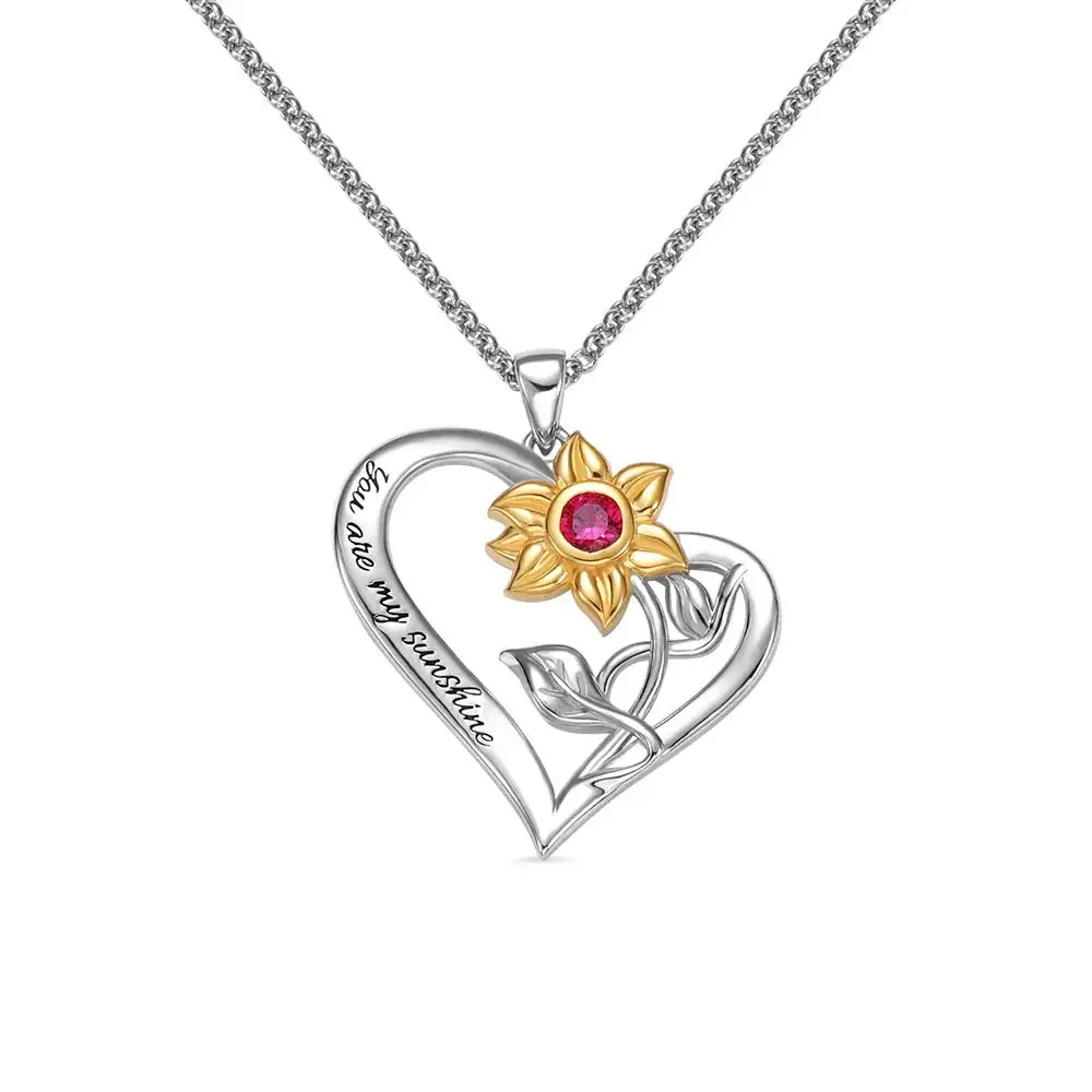 

Personalized Heart Sunflower Birthstone Necklace With Custom Name 925 Sterling Silver Pendant Jewelry Gift for Women Daughter