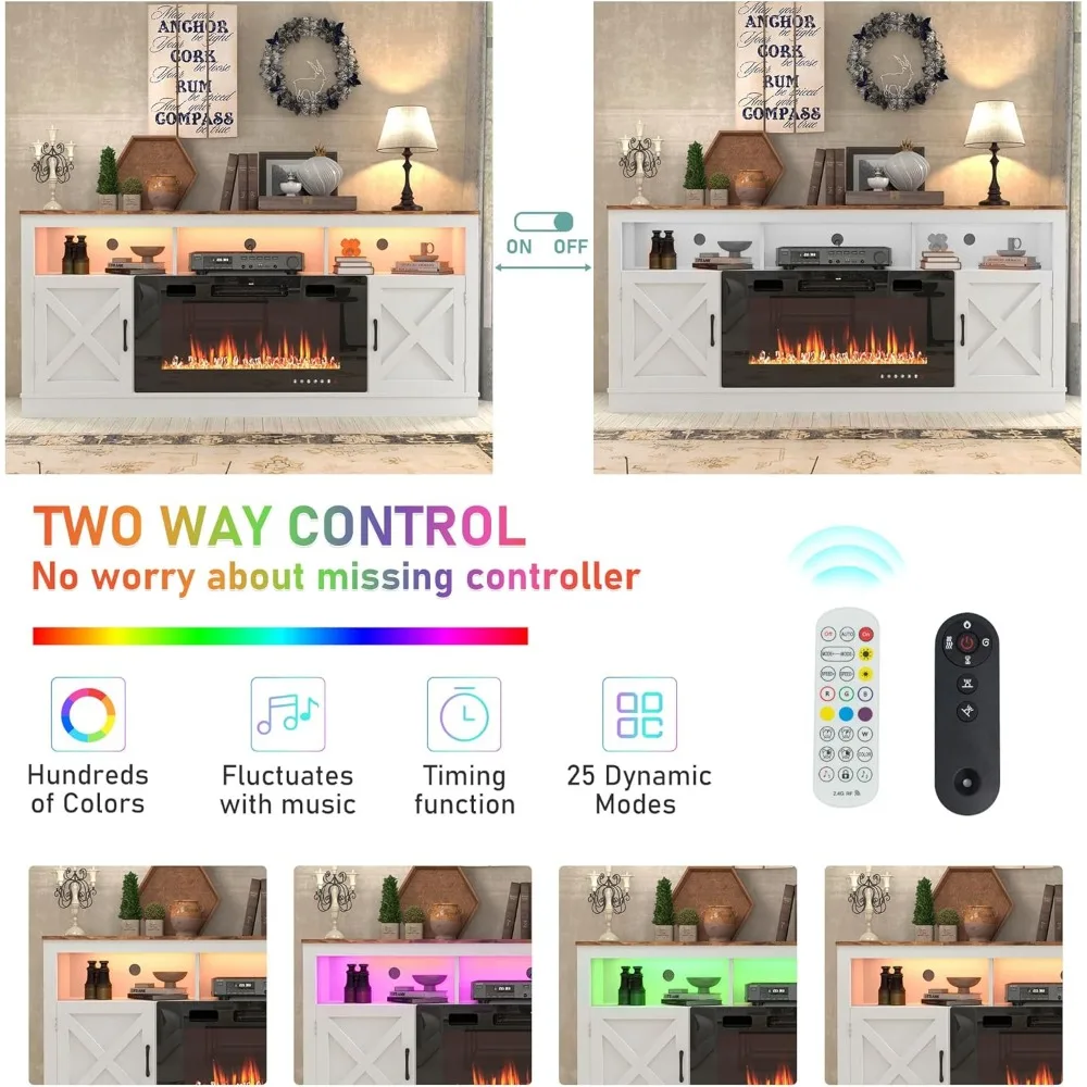 Farmhouse Fireplace TV Stand for 70/75/80 Inch TV, 32”Tall Entertainment Center w/ 36”Electric Fireplace & LED Light 5