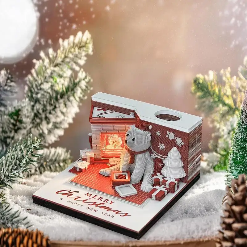 3D Art Calendar 2025 Desk Calendar Tear Away Calendar Paper Carving Art With LED Lights Christmas Bear 2025 Calendar Time Piece