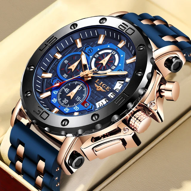 MEGALITH Orologio Cronografo Uomo - Quarzo Giapponese, Cinturino In Gomma Blu, Impermeabile 3 ATM, Vetro Minerale