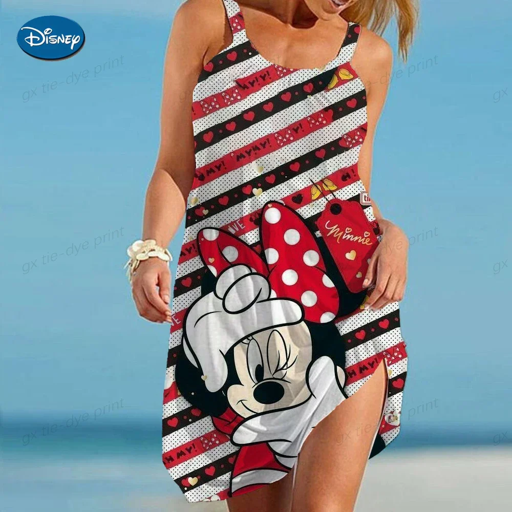 

Boho Vintage Beachwear Girls Fashion Party Dress Disney Minnie Mickey Mouse Beachwear 3D Print Women's Sleeveless Halter Dresses