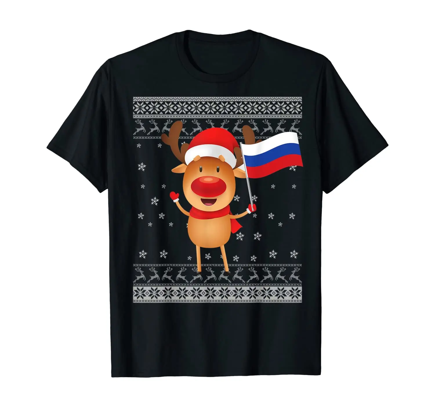 

Merry Christmas Reindeer Russia Flag Ugly Sweater T Shirt. Short Sleeve 100% Cotton Casual T-shirts Loose Top Size S-3XL
