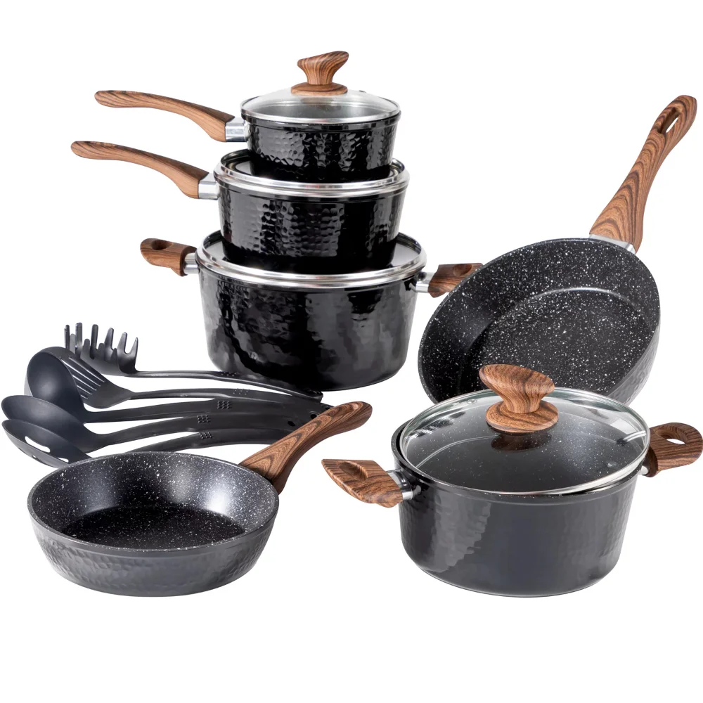 MF Studio 15 Piece Nonstick Kitchen Cookware Sets - Granite Hammered Pots  and Pans Set, Induction & Dishwasher Safe (Gold) 