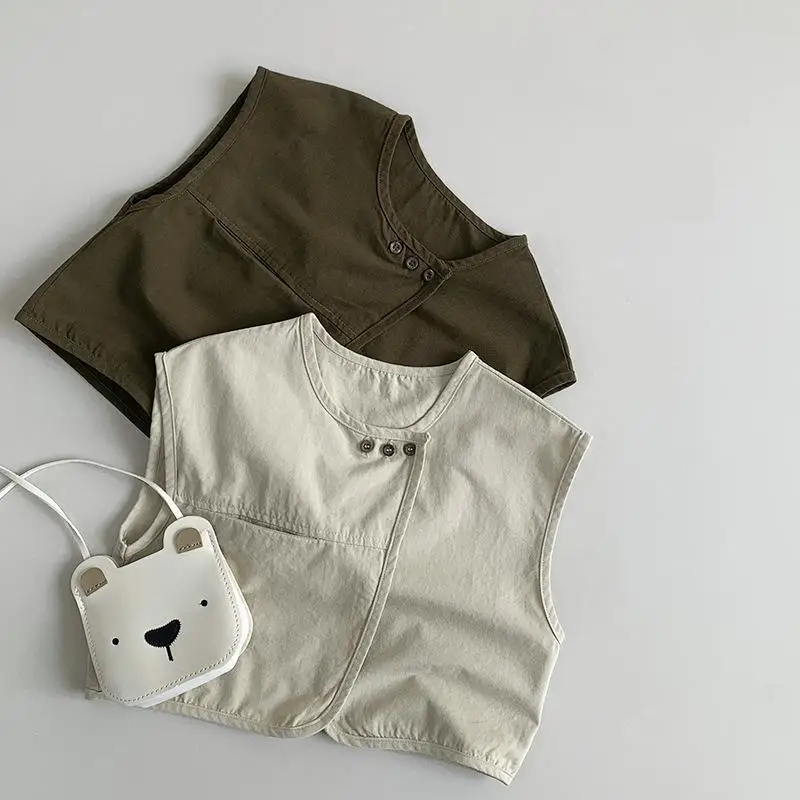 

2024 Summer New Children Sleeveless Cardigan Coat Baby Boy Girl Vintage Casual Vest Toddler Solid Versatile Jacket Kids Clothes
