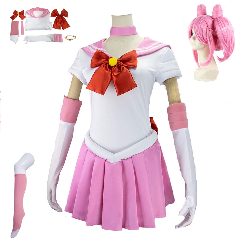 

Adults Kids Anime Sailor Cosplay Costume Wig Moo Usagi Small Lady Serenity Suits Pink Wig Halloween Carnivl Party Dress