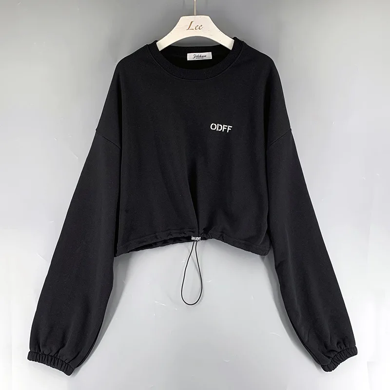 2024 Fall Lapel Embroidered Pullover Sweatshirt Cropped Top Crop Sweatshirt Letter Embroidery Elastic Waistband Harajuku Style