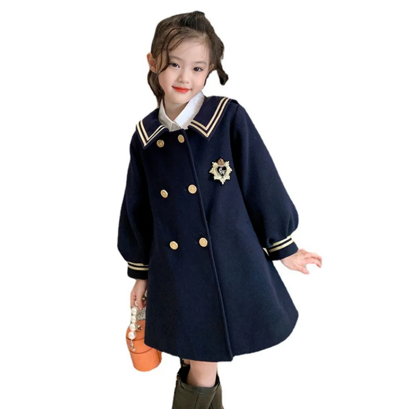 Girls Woolen Coat Jacket Cotton Cloak Windbreak 2023 Elegant Warm Plus Thicken Velvet Winter Autumn Party Children's Clothing