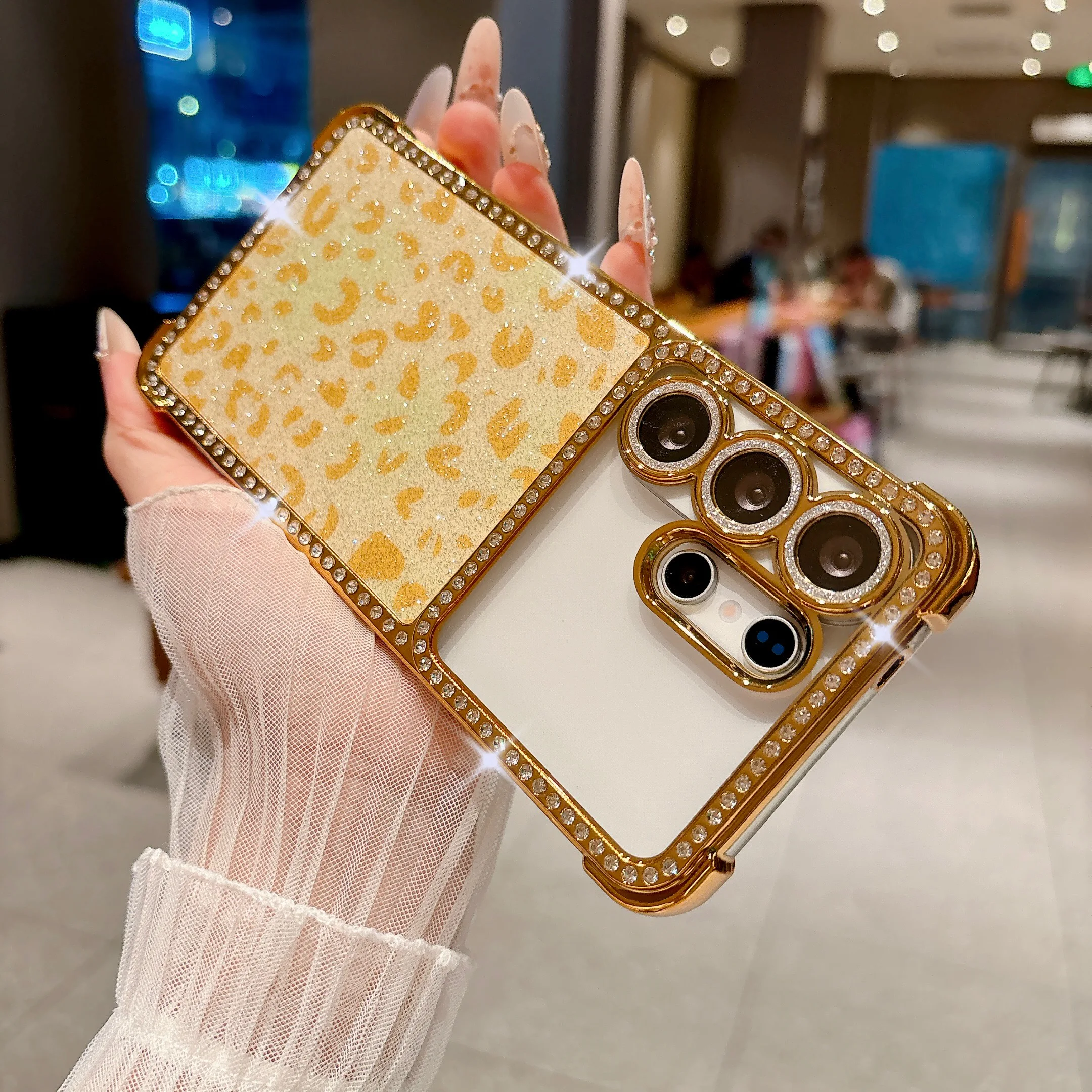 Glitter Diamond Leopard Print Phone Case with Lens Protection and Plating Shockproof Cover