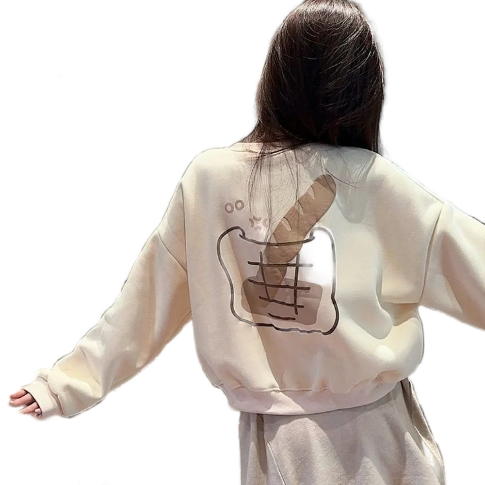 

Women long-sleeved velvet jumper fun printing short round neck thickened Korean fashion tops new autumn 2024