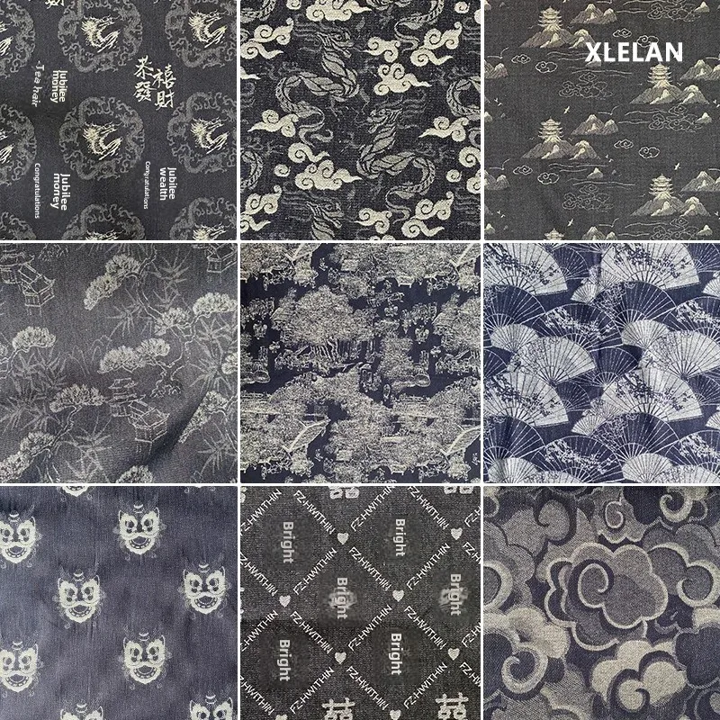 Retro Denim Fabric National Style Embroidery Clothing Material Dragon Pattern Wave Nostalgic Design Outerwear Fabric Washed Deni