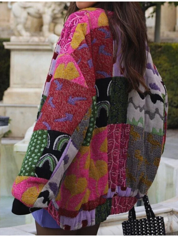 New Autumn Winter Women Print Jacket Colorful Coat Streetwear Oversized Loose Long Lantern Sleeve Outerwear Chic Women Clothes