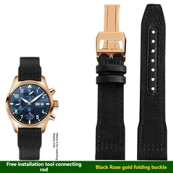 Premium Outdoor Sports Nylon Canvas Watch Strap for Men - Fits IWC Pilot XVIII Spitfire Series (Black Rose gold B)
