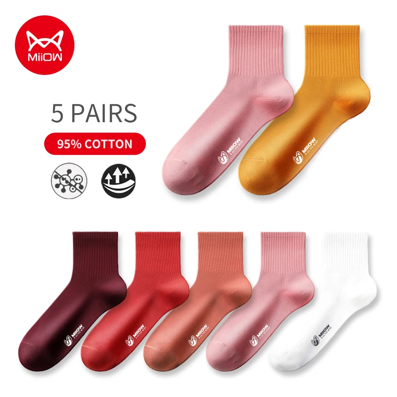MiiOW MQL2A25209 5 Pairs Cotton Knitting Mid Tube Socks Harajuku Antibacterial Girls White Socks