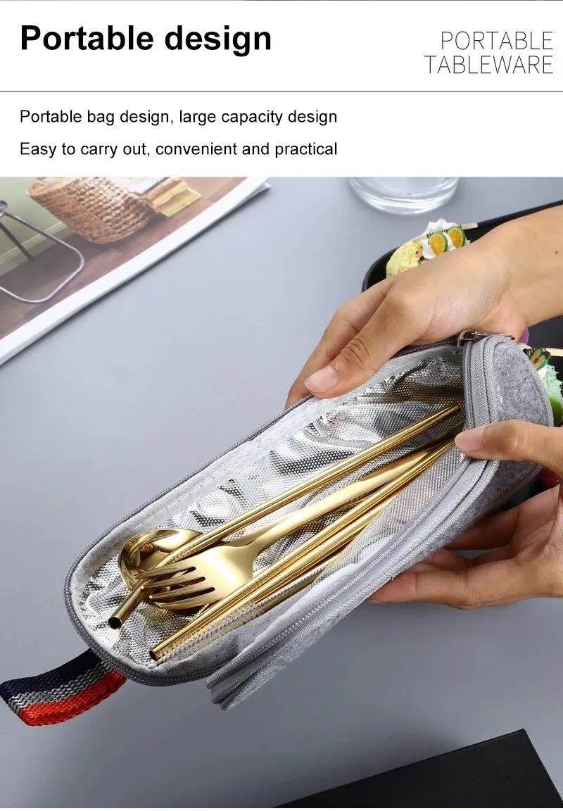 Description Picture 3 of item1set Silvery/Golden 304 Stainless Steel Straw Tableware Set Portable Knife Fork Chopsticks Straw and Brush