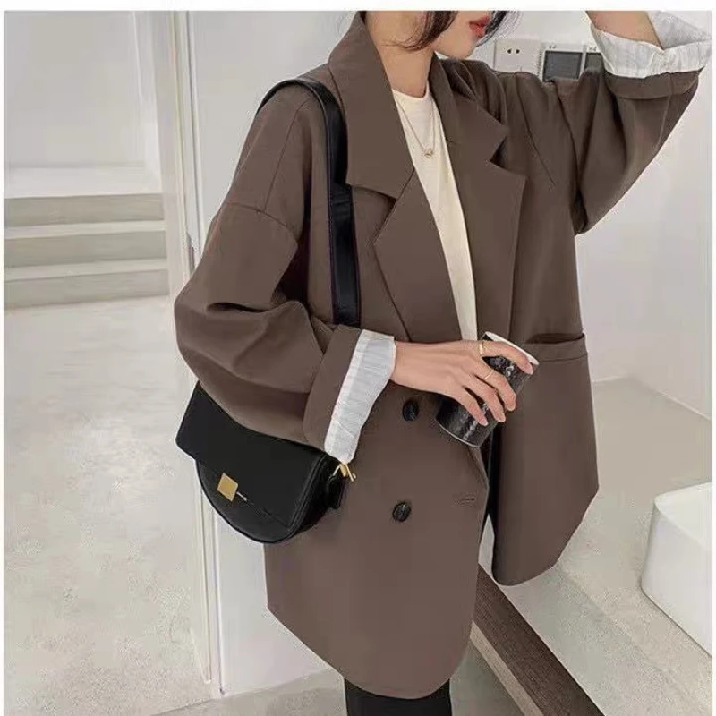 

Women's Autumn and Winter Vintage Casual Short Sleeved Blazers Coats Commuting Solid Color Loose Double Breasted Suit Jackets