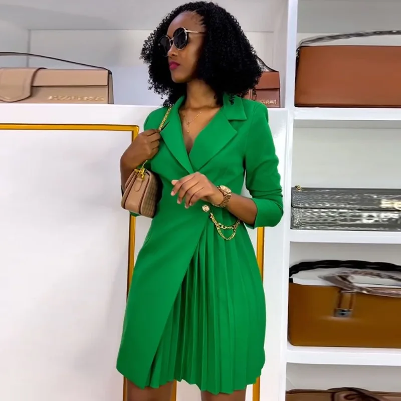 

Новинка Осень-зима 2023, женская одежда, однотонный соблазнительный костюм средней длины с плиссированной строчкой и обрезкой талии