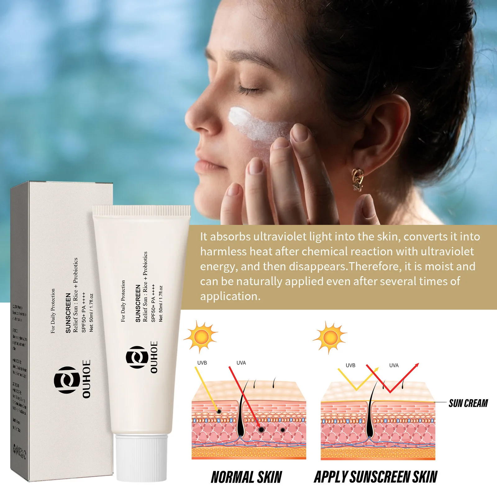 Rice Probiotic Sunscreen Cream SPF50+ UV Protection Waterproof Prevent Sunburn Isolation Moisturizing Whitening Sunblock Lotion