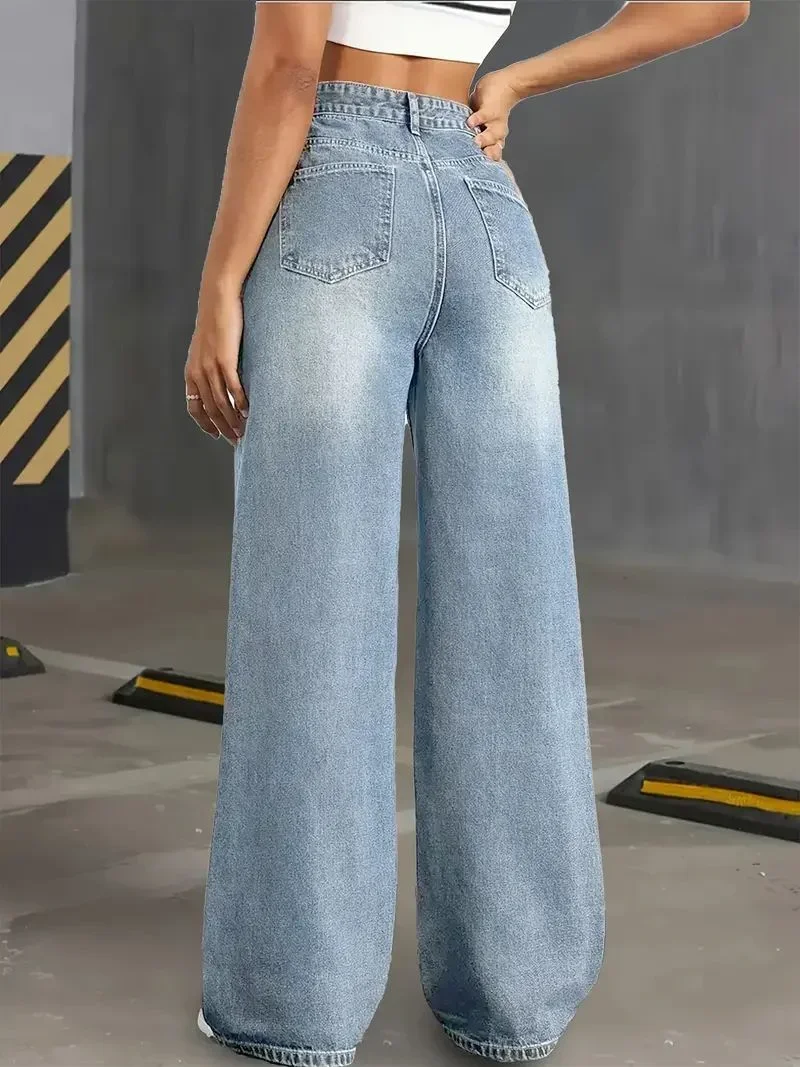 Y2k Jeans Jeans for Woman Classic Blue Elastic Straight Leg Simple Design Retro Style Stretchy Denim Trousers 3