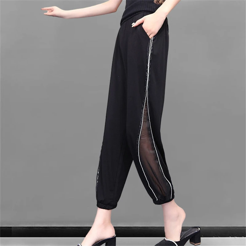 Y2K Clothes Women's Summer Sexy Sheer Mesh Patchwork Diamonds Harem Pants Korean Elegant Black Thin Ice Silk Trousers Pantalones