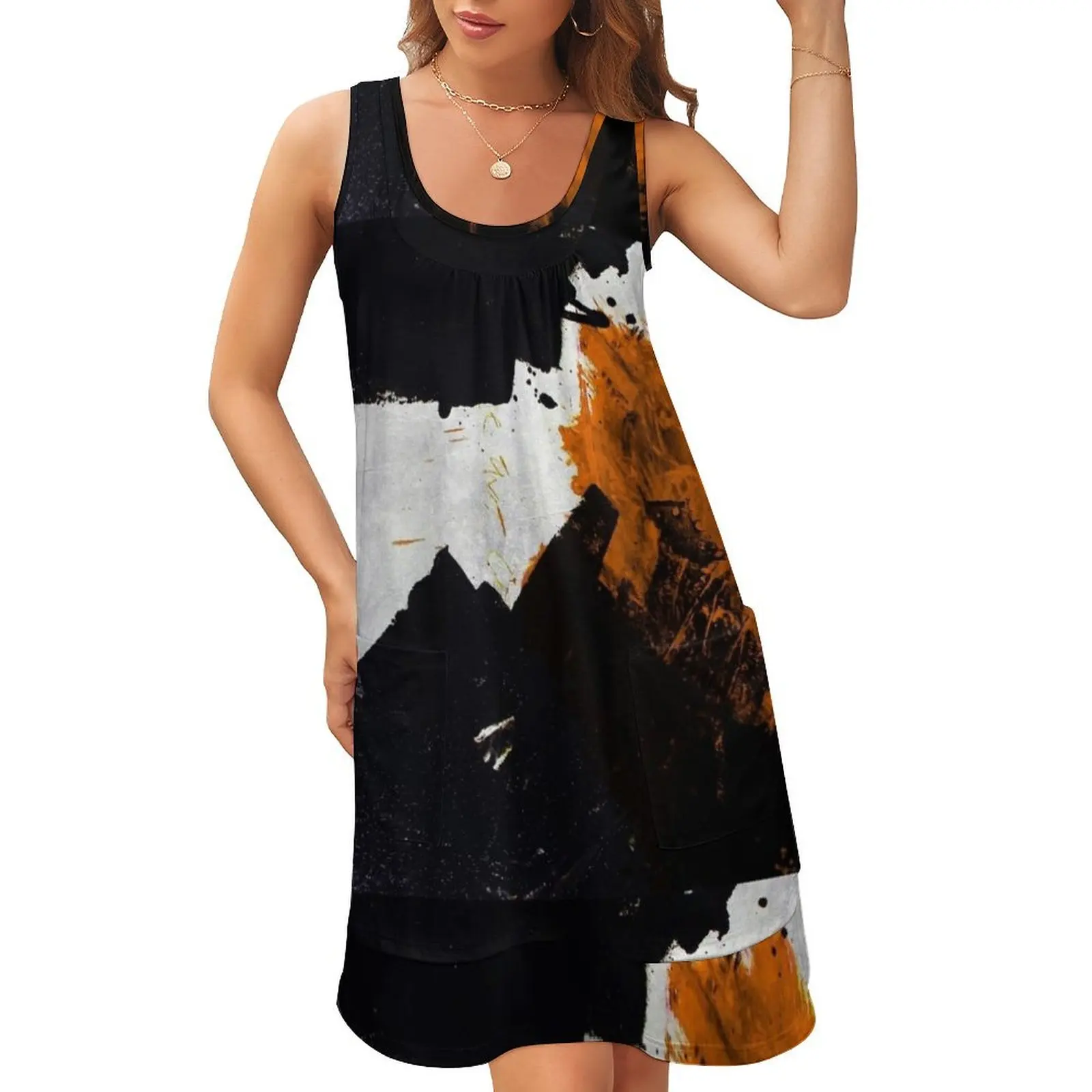 

Minimal Orange on Black Sleeveless U-Neck Fake Two Piece Dress Dress vintage dresses for womens 2024