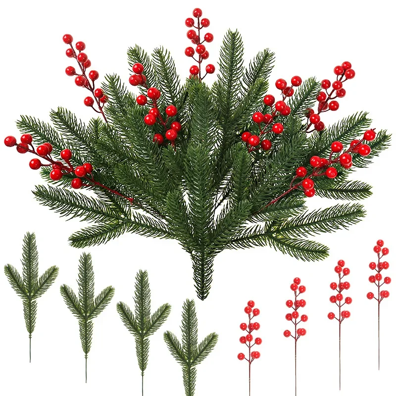 10/3PCS Christmas Decoration Artificial Pine Branches Holly Berries Red Berry Branches for Christmas Tree Wreath Gifts Decor