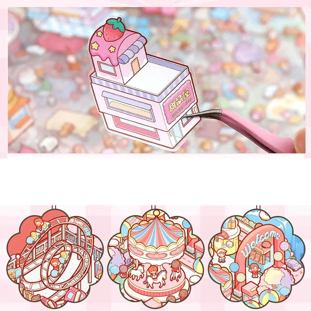 Kawaii PET Miniature Scene Collection Cartoon Visual Stacking 3D Pocket Cabin Scene Stickers 3D DIY Landscape Sticker Book Kids