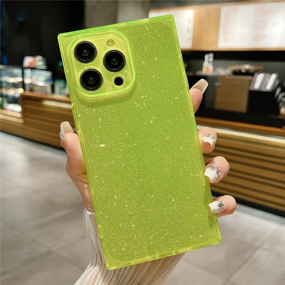 Transparent Square Fluorescent Neon Color Glitter Case For iPhone 14 11 12 13 15 Pro Max X XS XR 7 8 Plus SE Soft Silicone Cover