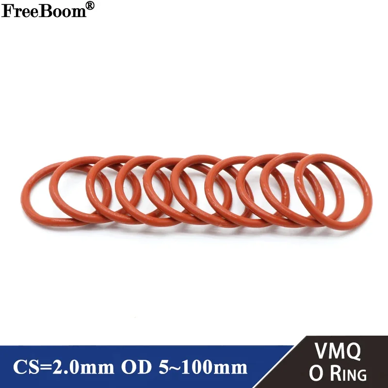 

10/50Pcs Food Grade VMQ O Ring Gasket CS 2mm OD 5 ~ 100mm Waterproof Washer Round O Shape Rubber Silicone Ring Red