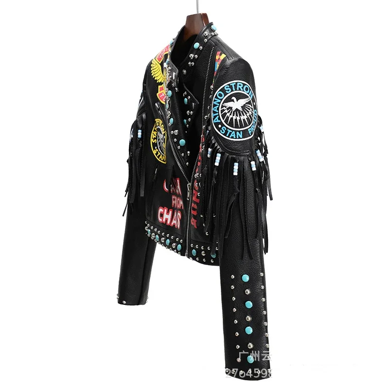 Streetwear Fringed Leather Jacket Women 2024 Trend Rivets Punk Style Graffiti Print Black Cropped Faux Leather Motorcycle Jacket