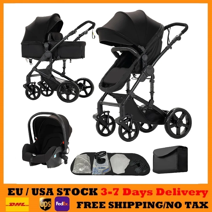 3 in 1 Baby Travel System Foldable Lightweight Stroller with Bassinet Detachable Car Seat Included Mummy Bag Adjustable Handle