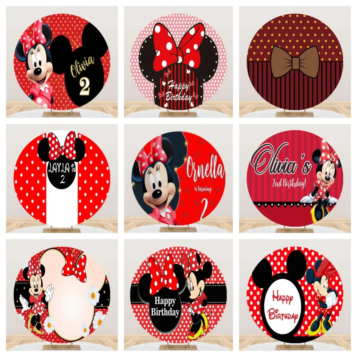 

Red Dots Minnie Head Pink Round Circle Photography Backdrop Cartoon Party Backdrop Cover For Baby Shower Newborn Background