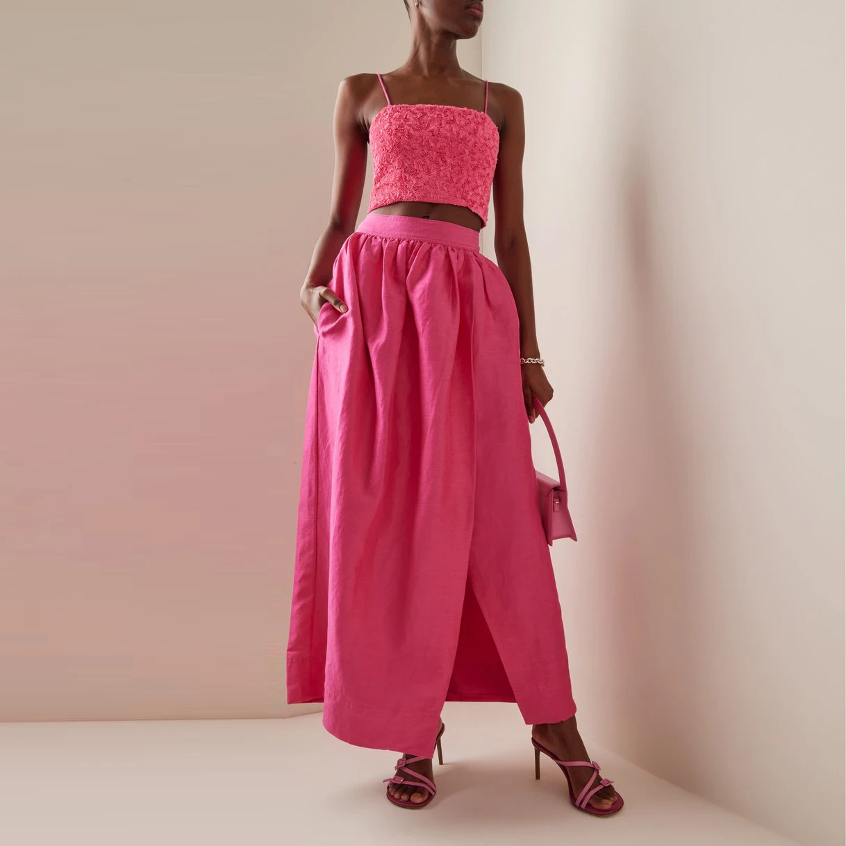 

Hot Pink Pleated Maxi Skirt for Women Elegant Side Slit Ladies Street Straight Long Skirt with Pockets Custom Made Silk Satin