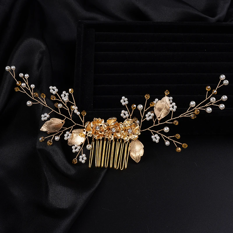Gold Crystal Rhinestone Flower Leaf Wedding Hair Comb Headband Handmade Pearl Bridal Headdress Party Hair Accessories Headpieces 2 Gold Crystal Rhinestone Flower Leaf Wedding Hair Comb Headband Handmade Pearl Bridal Headdress Party Hair Accessories Headpieces - Image 2