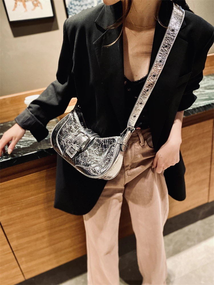 2023 Silver Crack Pattern Cow Leather Underarm Armpit Bag