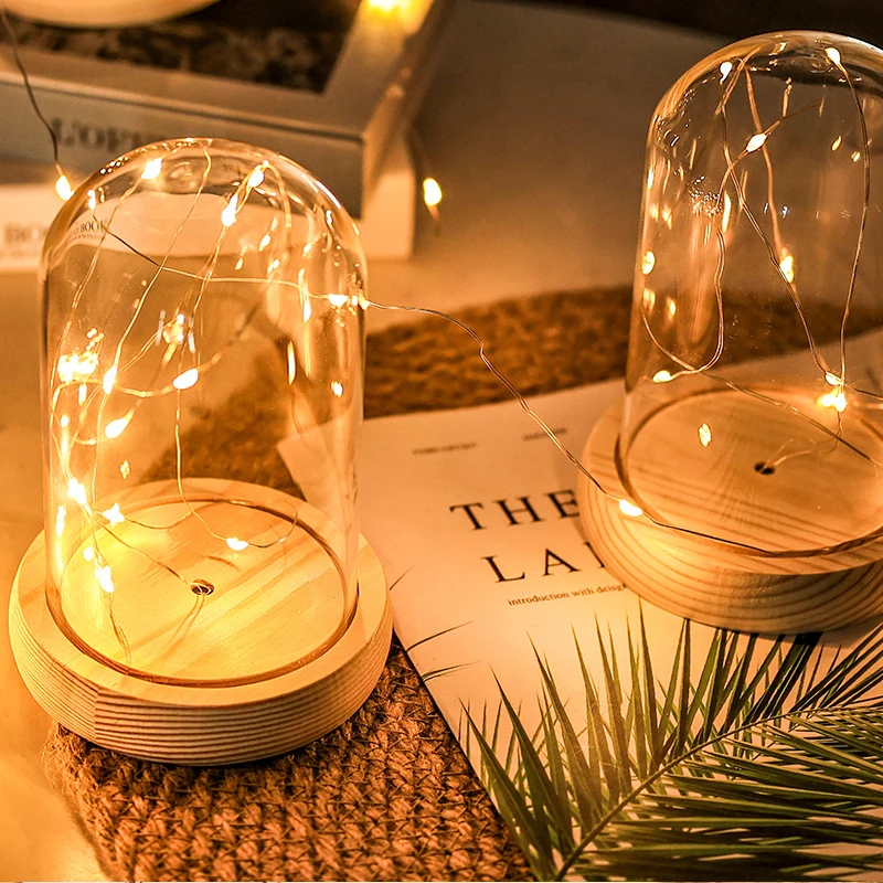 Glass Display Dome Wooden Base LED Light Landscape Vase Dry Flower Cloche Cover DIY Succulent Plants Container