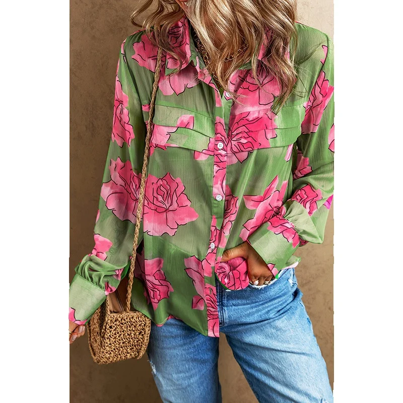 

2023 Early Autumn Thin Flower Print Shirt Women's Style Commuter Loose Versatile Single Breasted Women