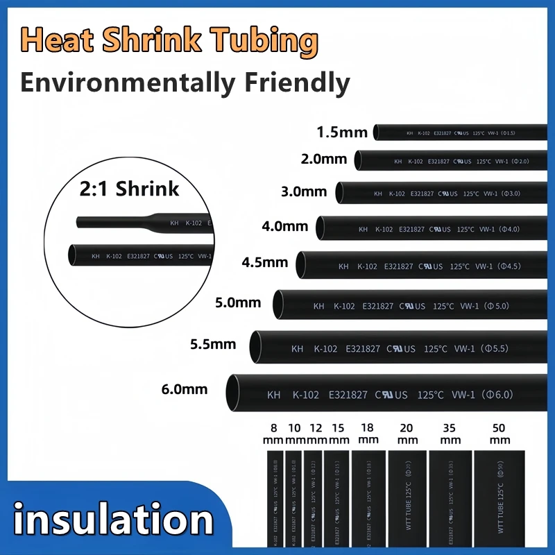 Heat Shrink Tubing 1mm 1.5 2mm 2.5mm 3mm 3.5mm 4 5 6mm 9mm 18mm 22mm 50mm Phone Charging Cable Repair Insulated