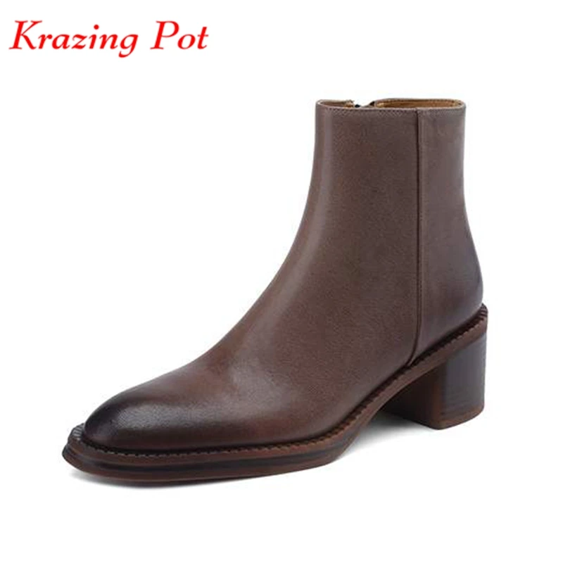 

Krazing Pot 2024 Vintage Sheep Leather Round Toe Winter Warm Chelsea Boots Med Heels Zipper Gladiator Retro Fashion Ankle Boots