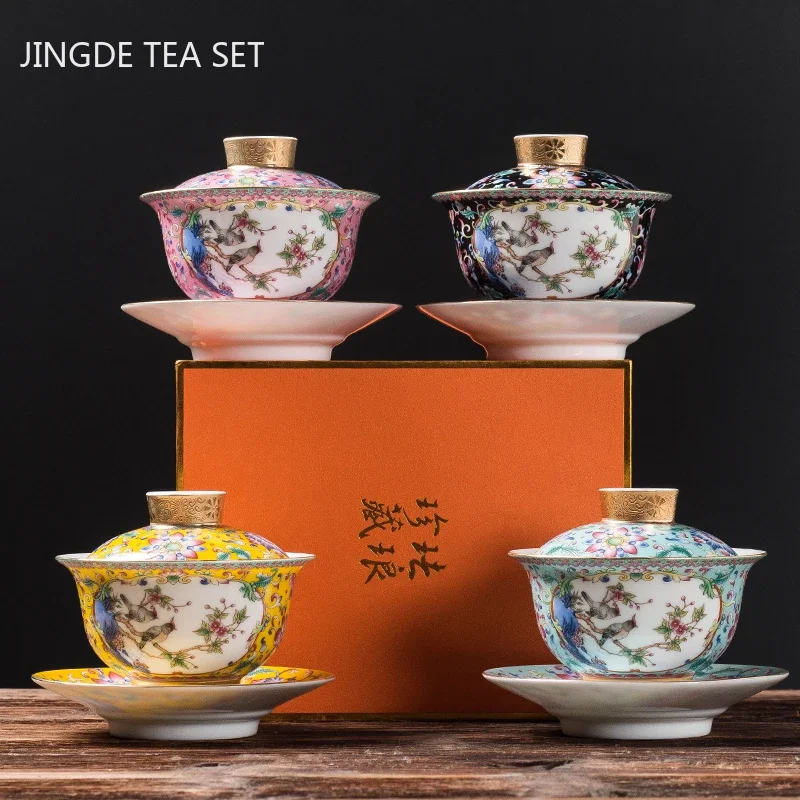 Jingdezhen Enamel Color Ceramic Gaiwan Chinese Tea Set Sancai Tea Bowl Portable with Cover Teacup Household Teaware