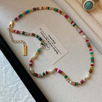 Fashion Colorful Beads Stone Natural Freshwater Pearl Necklaces For Women Retro Gold Color Clavicle Chain Necklace Jewelry Gifts 1