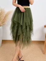 Women Layered Tulle Irregular Midi Skirts Retro Fairycore Aesthetic Y2K Skirt High Waist Pleated Skirts Bohemian Streetwear
