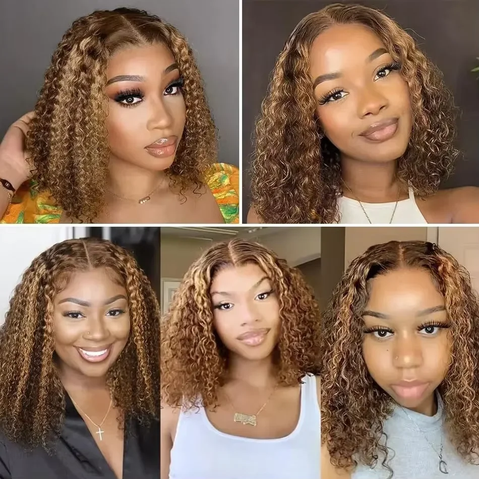 10 14 Inch Curly Short Bob Wig Highlight 4/27 Honey Blonde Human Hair 5x5 Glueless Wig Deep Wave For Women Virgin Human Hair 4