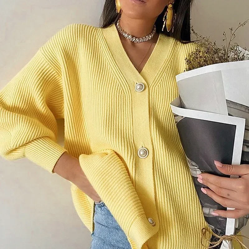 

Casual V-Neck Knitted Cardigan Women Autumn Winter Lantern Sleeve Button Female Cardigan Fashion Ladies Oversize Sweater White