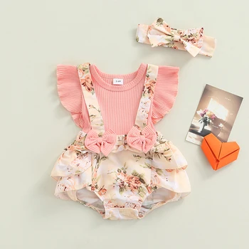 Infant Baby Girls Spring Summer Clothing Floral Print Ribbed Romper Ruffle Fly Sleeve Jumpsuit Headband Outfits 2