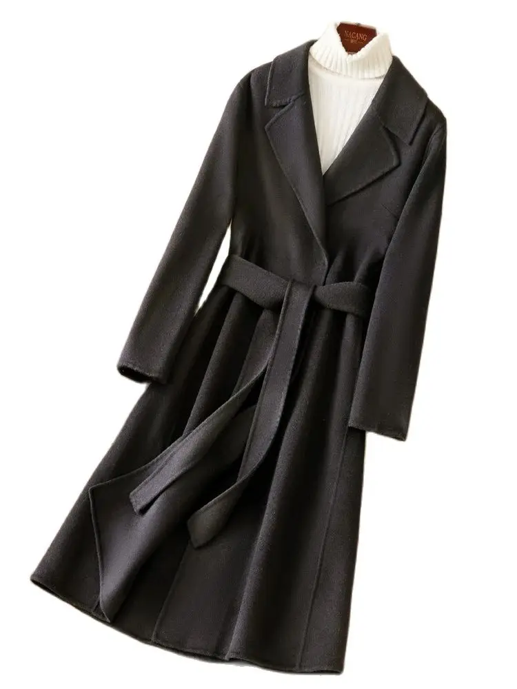 Trench Coat Style Women's Coat Autumn and Winter New Pure Wool Woolen Coat Lace-up Waist Slimming Coat Comfortable Loose Top