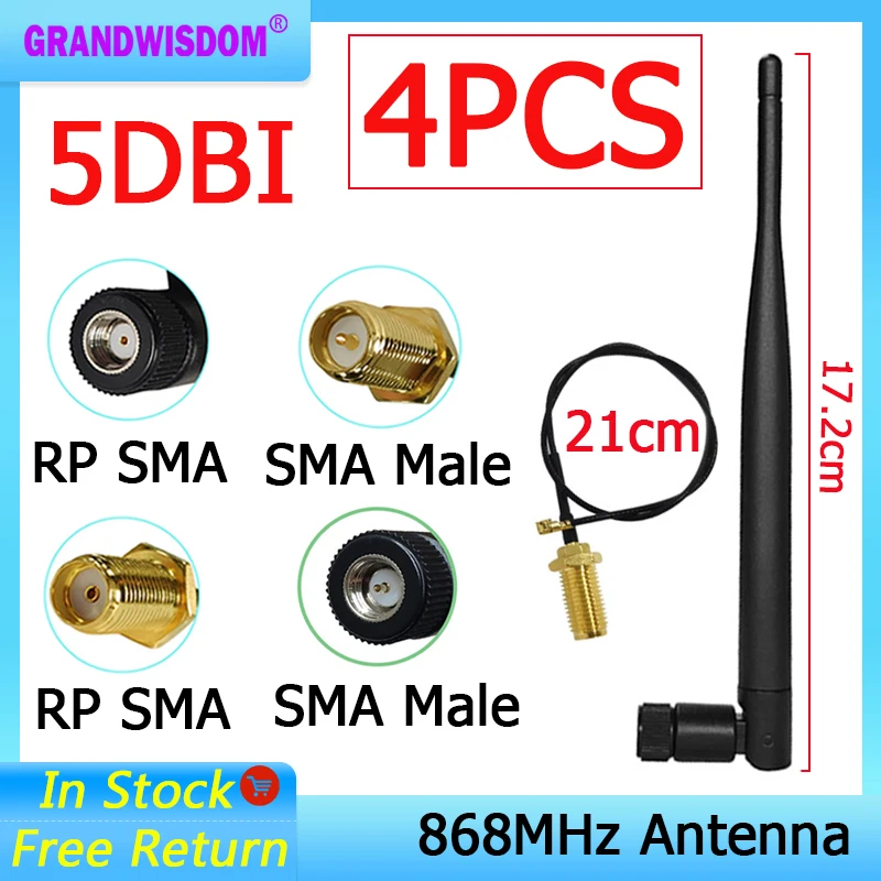 

GRANDWISDOM 4pcs 868mhz antenna 5dbi sma female 915mhz lora module lorawan antene ipex 1 SMA male pigtail Extension Cable