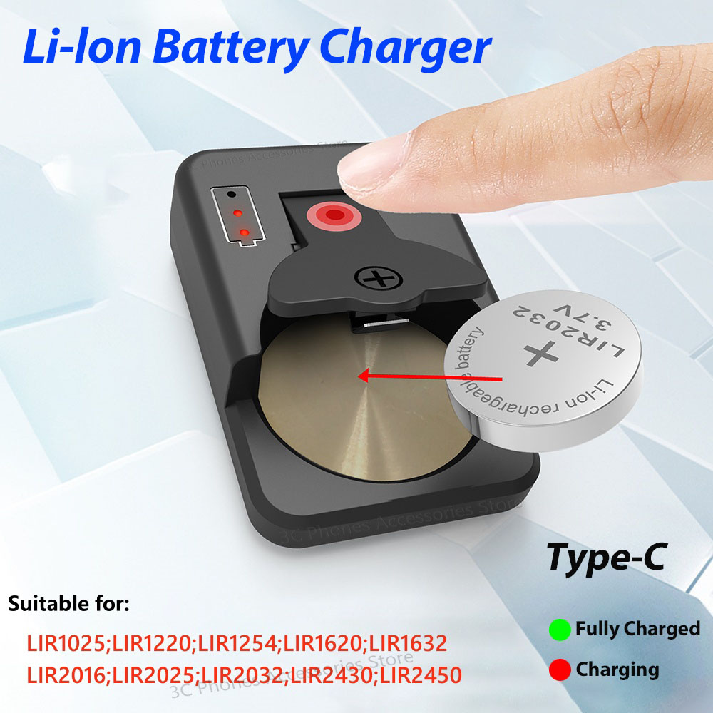 Li-lon Rechargeable Battery Charger For LIR1025/1220/1254/1620/1632/2016/2025/2032/2430/2450 Coin Lithium Batteries TypeC Charge