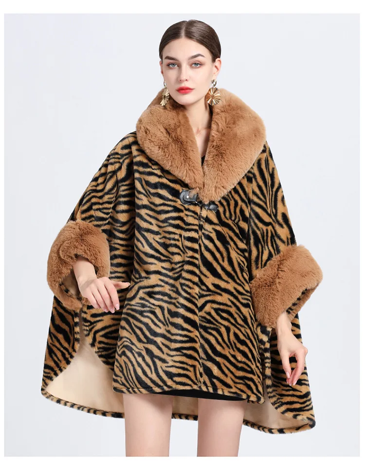Description Picture 5 of itemWinter Big Pendulum Faux Fur Collar Cardigan Woolen Loose Capes Coat Batwing Sleeves Poncho Women Zebra Striped Overcoat Cloak