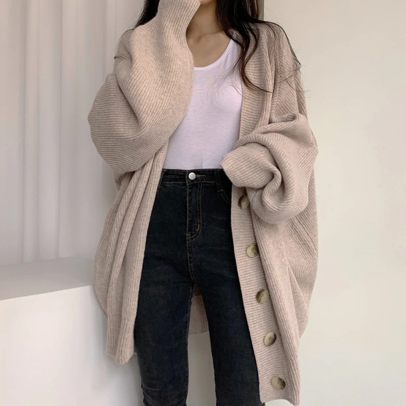 New Autumn and Winter Fashion Women's Clothing Casual V-neck Single-breasted Loose Lantern Sleeve Knitted Cardigan Sweater Coat
