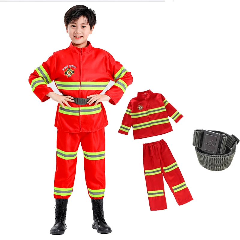 Firefighter Costume Set with Helmet Axe Water Gun Walkie Talkie Outfit Halloween Carnival Party Role Play Uniform for Boys